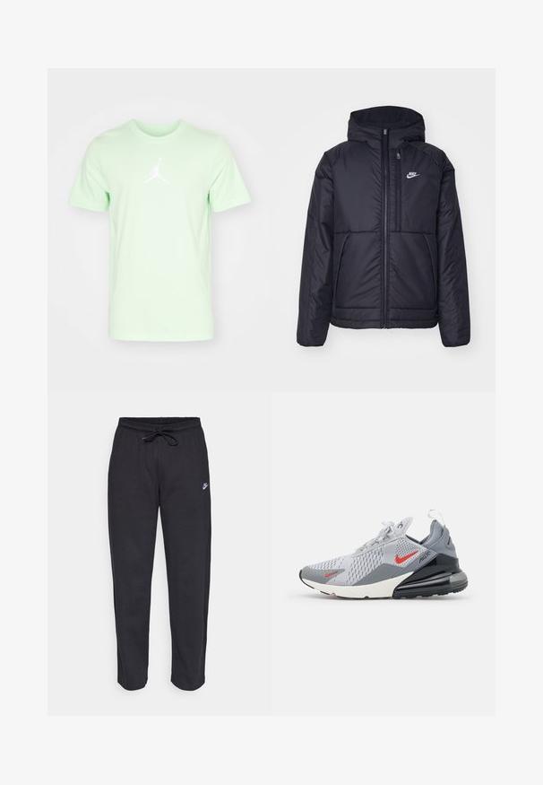 Casaco Nike preto, acolchoado, com fecho à frente e capuz. Apresenta um logo branco no lado esquerdo do peito e dois bolsos frontais. Textura exterior lisa.; Jordan JUMPMAN SHORT SLEEVE CREW - T-shirt desportiva - vapor green/(white); Calças de treino pretas feitas de tecido suave, com faixa elástica na cintura, cordão regulador e um pequeno logótipo da Nike na coxa esquerda.; Sapatilhas Nike Air Max em malha cinza e branca com detalhes em vermelho. Apresenta uma sola de amortecimento de ar proeminente e uma superfície texturizada.