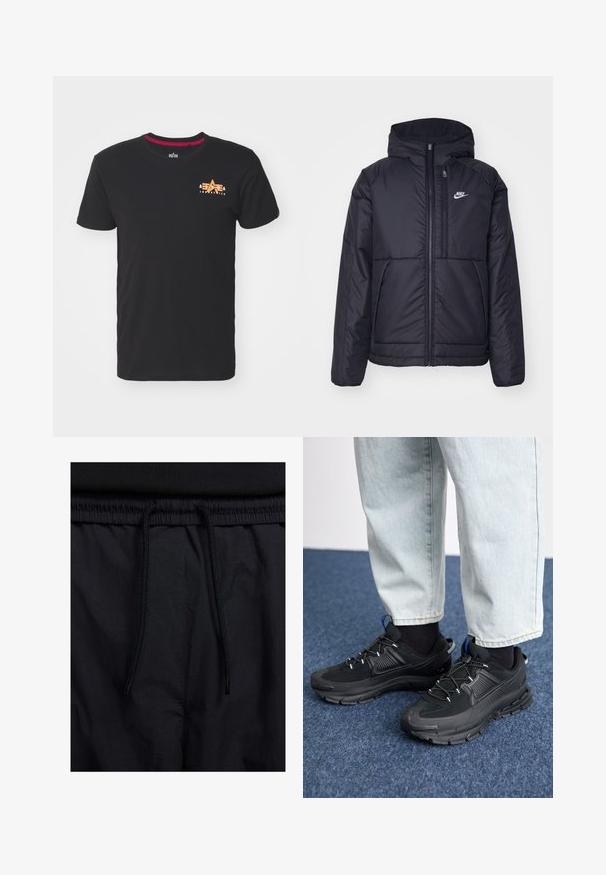Svart, vadderad Nike-jacka med dragkedja framtill och huva. Har en vit logotyp på vänster bröst och dubbla framfickor. Slät yttextur.; Svart bomullströja med korta ärmar, med en liten orange logotyp på vänster bröst. Kragen har en röd detalj längs den inre kanten.; Svarta shorts med dragsko i midjan, lättviktig tyg med en slät yta och en enkel design utan synliga logotyper eller mönster.; Svarta sportskor med texturerat tyg och gummisulor, med elastiska snörningar och en blå detalj på hälen. Bärs med ljusa jeans.