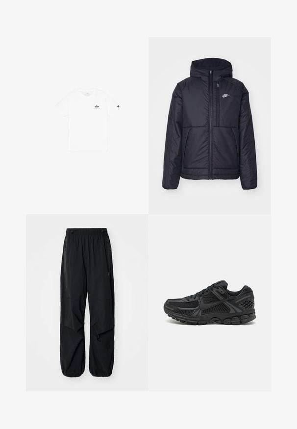 Crna Nike jakna s podstavom, dugmadi sprijeda i kapuljačom. Ima bijeli logotip na lijevoj strani prsnog koša i dva prednja džepa. Glatka vanjska tekstura.; Bijela pamučna majica s okruglim izrezom, kratkim rukavima i malim crnim logom na lijevoj strani prsiju. Jednostavan i klasičan dizajn.; Crne lagane cargo hlače s elastičnom trakom u struku, bočnim patentnim zatvaračima i prostranim džepovima. Odlikuje ih širok kroj i suženi manžeti.; Crne atletske cipele s gornjištem od mrežice, gumenim potplatom i teksturiranim detaljima. Dizajn uključuje izražen sustav vezivanja i podstavljen potplat.