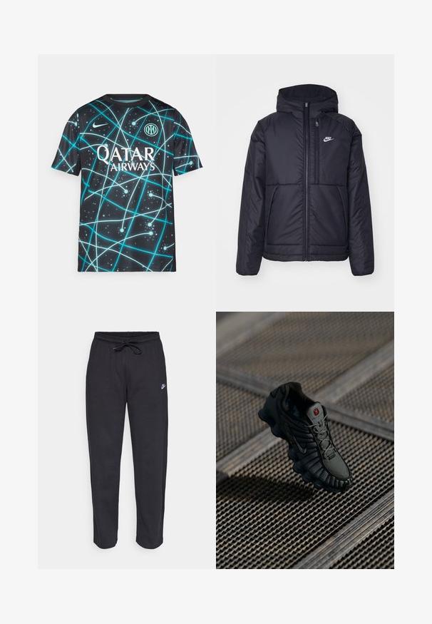 Must musta Nike jope, millel on ees lukuga avamine ja kapuuts. Vasakpoolne rind on kaunistatud valge logoga ning ees on kaks taskut. Sile välimine tekstuur.; Must mustärjasärk sinise abstraktse mustriga. Omab ümmargust kaelust ja lühikesi varrukaid. Selles on "Qatar Airways" logo ja ümmargune embleem.; Mustad mustad, pehmest kangast, elastse vöökoha, nööriga ja väikese Nike logo'ga vasakul reiel.; Mustmustega mustad jooksutossud, millel on võrgust ülagee, tekstuuriga detailid ja iseloomulik kõver tald. Omab nöörimist süsteemi ja logo keelel.