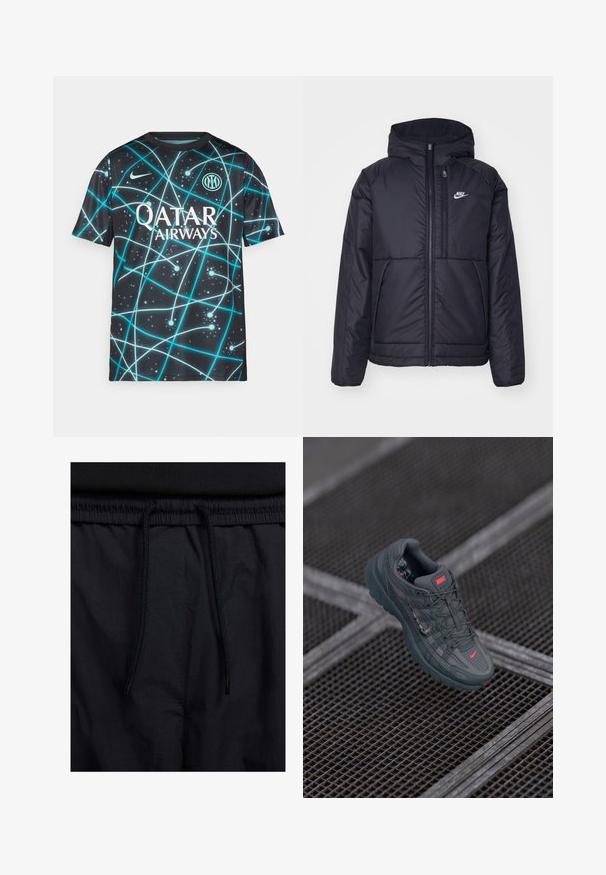 Črna, podložena Nike jakna z sprednjim zadrgo in kapuco. Ima bel logo na levem prsnem delu in dvojna sprednja žepa. Gladka zunanja tekstura.; Črna športna majica z modrim abstraktnim vzorcem. Ima okroglo ovratnico in kratke rokave. Vsebuje logotip "Qatar Airways" in krožno znamenje.; Črne kratke hlače z vrvico v pasu, lahkotna tkanina z gladko teksturo in preprosto zasnovo brez vidnih logotipov ali vzorcev.; Nike teniske v temno sivi barvi z teksturiranim mrežastim zgornjim delom, kontrastnim rdečim logotipom in gumijastim podplatom, ki vsebuje dizajn z mrežnim vzorcem.