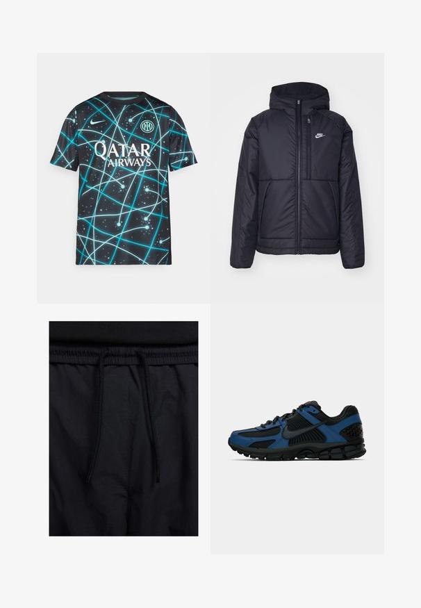 Casaco Nike preto, acolchoado, com fecho à frente e capuz. Apresenta um logo branco no lado esquerdo do peito e dois bolsos frontais. Textura exterior lisa.; Camisa desportiva preta com um padrão abstrato azul. Apresenta um decote redondo e mangas curtas. Inclui o logótipo da "Qatar Airways" e um emblema circular.; Calções pretos com um cós elástico ajustável, fabricados em tecido leve com uma textura suave e um design simples, sem logótipos ou padrões visíveis.; Sapatilha desportiva de cano baixo em preto e azul com sola texturizada, parte superior em malha e sintético, e o logo da Nike em preto na lateral.