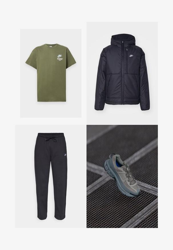 Černá zateplená bunda Nike s předním zipem a kapucí. Na levé straně hrudi má bílé logo a dvojité přední kapsy. Hladký povrch.; Olivově zelené bavlněné tričko s krátkým rukávem, kulatým výstřihem a bílým potiskem na přední straně: "JIŽ TÝM NIKE PO VOLNI ZÁSADY".; Černé tepláky vyrobené z měkké tkaniny s elastickým pasem, šňůrkou na stažení a malým logem Nike na levém stehně.; Béžová a šedá sportovní bota s texturovaným síťovinovým svrškem, zaoblenou špičkou a gumovou podrážkou, vybavená tkaničkami a polstrovaným límcem.