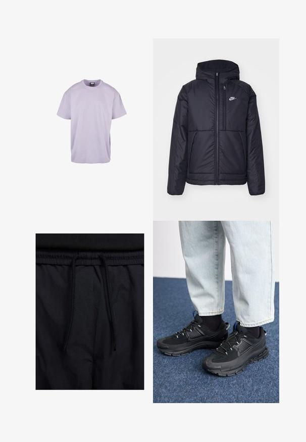 Must musta Nike jope, millel on ees lukuga avamine ja kapuuts. Vasakpoolne rind on kaunistatud valge logoga ning ees on kaks taskut. Sile välimine tekstuur.; Lilla puuvillane T-särk lühikeste varrukatega, ümarate kaelustega ja lõdva istuvusega. Omab lihtsat kujundust, sujuvat tekstuuri ja ühtlast värvi.; Mustad lühikesed püksid, millel on paelaga vöökoht, kerge kangas, mis on sileda tekstuuriga ning lihtne disain ilma nähtavate logode või mustriteta.; Mustad mustad jooksukingad, millel on tekstureeritud kangas ja kummist tallad, elastsed nöörid ning sinine aksent kandadel. Kandmine heledate teksadega.