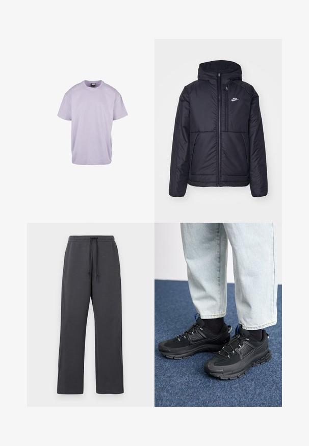 Must musta Nike jope, millel on ees lukuga avamine ja kapuuts. Vasakpoolne rind on kaunistatud valge logoga ning ees on kaks taskut. Sile välimine tekstuur.; Lilla puuvillane T-särk lühikeste varrukatega, ümarate kaelustega ja lõdva istuvusega. Omab lihtsat kujundust, sujuvat tekstuuri ja ühtlast värvi.; Halli dressipüksid nööriga vöökohas, valmistatud pehmest kangast. Lai jalgade lõige külgõmblustega, minimaalsed detailid ja ilma nähtavate mustriteta.; Mustad mustad jooksukingad, millel on tekstureeritud kangas ja kummist tallad, elastsed nöörid ning sinine aksent kandadel. Kandmine heledate teksadega.