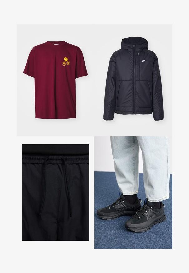 Černá zateplená bunda Nike s předním zipem a kapucí. Na levé straně hrudi má bílé logo a dvojité přední kapsy. Hladký povrch.; Carhartt WIP PINS - Triko s potiskem - malbec/orange stone washed; Černé šortky s páskem na šňůrku, lehký materiál s hladkou texturou a jednoduchý design bez viditelných log nebo vzorů.; Černé sportovní boty s texturovanou tkaninou a gumovou podrážkou, s elastickými tkaničkami a modrým akcentem na patě. Nosí se s světlými džíny.