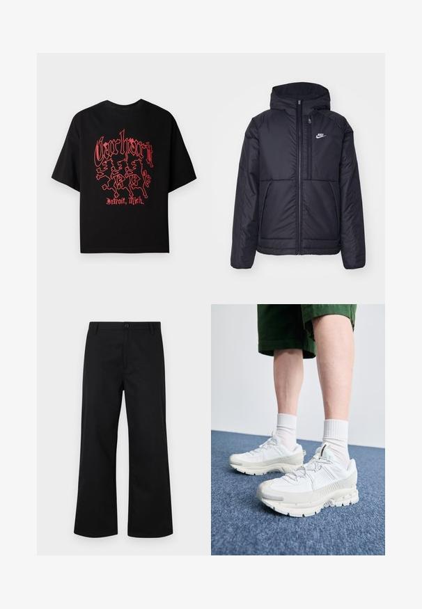 Veste Nike noire rembourrée avec une fermeture éclair sur le devant et une capuche. Elle présente un logo blanc sur la poitrine gauche et deux poches avant. Texture extérieure lisse.; T-shirt noir à manches courtes en coton, arborant un graphique rouge audacieux avec trois figures de lions et le texte "Carhartt, Detroit, Mich."; Pantalons larges noirs en tissu lisse. Caractéristiques d'une fermeture à boutons à l'avant et d'une taille standard. Design minimaliste, sans motifs visibles.; Des chaussures de sport blanches avec des superpositions texturées, une semelle épaisse et des accents gris. Portées avec des chaussettes blanches et des shorts verts sur une surface bleue.