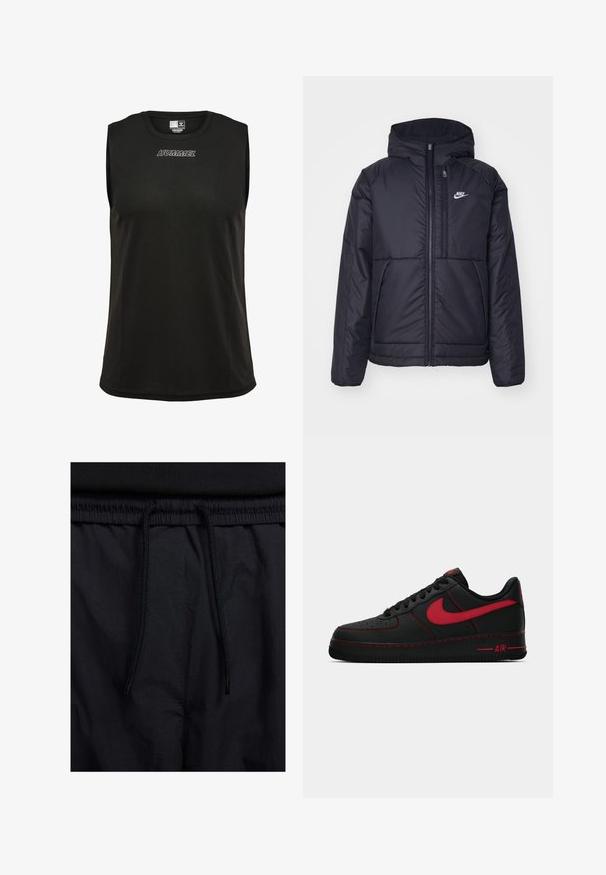 Svart, vadderad Nike-jacka med dragkedja framtill och huva. Har en vit logotyp på vänster bröst och dubbla framfickor. Slät yttextur.; Svart ärmlös atletisk tröja tillverkad av mjukt, andningsbart material. Har en rundad halsringning och en broderad "HUMMEL"-logotyp i vitt.; Svarta shorts med dragsko i midjan, lättviktig tyg med en slät yta och en enkel design utan synliga logotyper eller mönster.; Svarta läder Nike Air Force 1 sneakers med röda accenter, som har en slät yta, perforerad tå och kontrasterande röda sömmar.