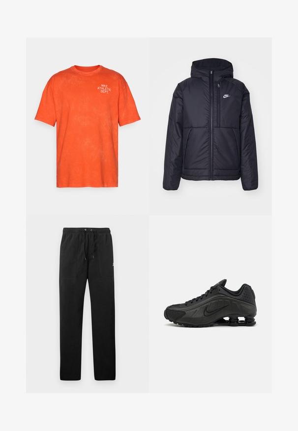 Čierna, polstrovaná bunda Nike so zipsom vpredu a kapucňou. Na ľavej strane hrude sa nachádza biele logo a sú tu dva predné vrecká. Hladký vonkajší povrch.; Oranžové bavlnené tričko s uvoľneným strihom, s bielym potlačou "NIKE ATHLETIC DEPT." na hornej ľavej strane. Mäkká textúra.; Čierne teplákové nohavice vyrobené z flísu, s elastickým pásom a šnúrkami na zaväzovanie, dvoma prednými vreckami a malým logom na stehne.; Čierne bežecké topánky s hladkým syntetickým zvrškom, perforovanými akcentmi, textúrovanými bočnými panelmi a výraznou pružnou podrážkou.