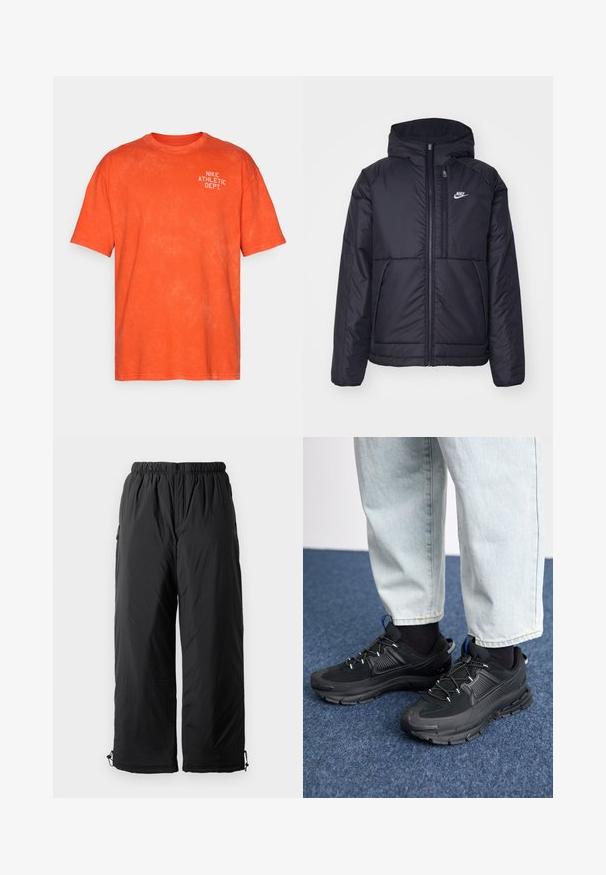 Čierna, polstrovaná bunda Nike so zipsom vpredu a kapucňou. Na ľavej strane hrude sa nachádza biele logo a sú tu dva predné vrecká. Hladký vonkajší povrch.; Oranžové bavlnené tričko s uvoľneným strihom, s bielym potlačou "NIKE ATHLETIC DEPT." na hornej ľavej strane. Mäkká textúra.; Čierne zateplené nohavice s elastickým pásom, so bočnými vreckami a nastaviteľnými manžetami. Hladká tkanina s mierne lesklým povrchom.; Čierne športové topánky s textúrovanou tkaninou a gumovou podrážkou, so elastickými šnúrkami a modrým akcentom na päte. Nosia sa s svetlými riflami.