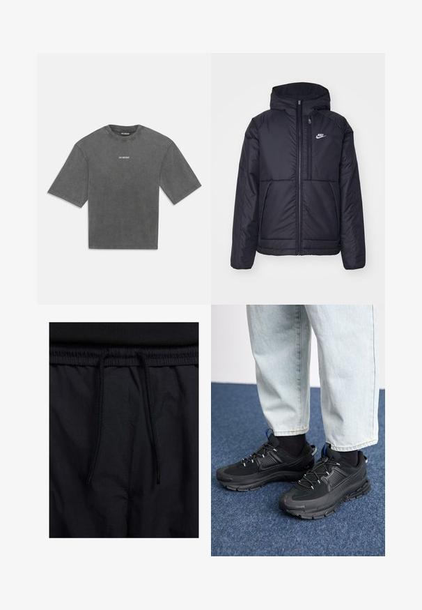 Czarna, pikowana kurtka Nike z przednim zamkiem błyskawicznym i kapturem. Posiada białe logo po lewej stronie klatki piersiowej oraz podwójne kieszenie z przodu. Gładka struktura zewnętrzna.; Wielki, krótkosleeve t-shirt w kolorze węgla z małym białym logo "HAN KJØBENHAVN" umieszczonym na środku klatki piersiowej.; Czarne szorty z elastycznym paskiem na sznurku, lekkiego materiału o gładkiej fakturze oraz prostym wzornictwie bez widocznych logo czy wzorów.; Czarne buty sportowe z teksturowanej tkaniny i gumowymi podeszwami, z elastycznymi sznurówkami i niebieskim akcentem na pięcie. Noszone z jasnymi dżinsami.