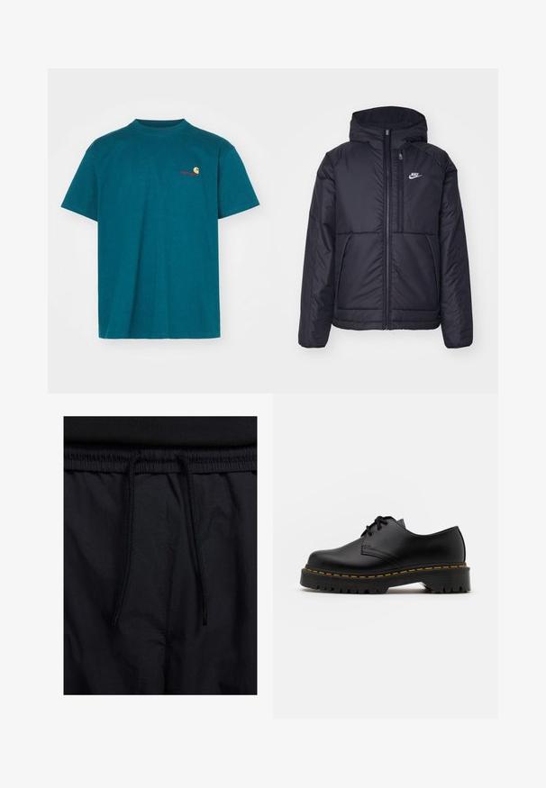 Jachetă Nike neagră, căptușită, cu fermoar pe față și glugă. Prezintă un logo alb pe pieptul stâng și două buzunare frontale. Textură exterioară netedă.; Tricou din bumbac de culoare teal, cu guler tip crew. Prezintă un mic logo portocaliu și roșu pe partea stângă a pieptului. Mâneci scurte și o croială relaxată.; Șorturi negre cu un brâu reglabil, dintr-un material ușor cu o textură netedă și un design simplu, fără logo-uri sau modele vizibile.; Pantof black din piele, cu sireturi, cu vârf rotund, talpă din cauciuc texturat și cusături galbene în jurul bazei. Design plat și finisaj neted.