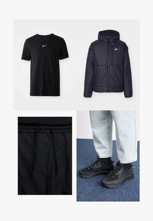 Must musta Nike jope, millel on ees lukuga avamine ja kapuuts. Vasakpoolne rind on kaunistatud valge logoga ning ees on kaks taskut. Sile välimine tekstuur.; Must kootud T-särk lühikeste varrukatega, ümmarguse kaelusega ja väikese valge Nike logo'ga rinnal. Sile tekstuur ja klassikaline lõige.; Mustad lühikesed püksid, millel on paelaga vöökoht, kerge kangas, mis on sileda tekstuuriga ning lihtne disain ilma nähtavate logode või mustriteta.; Mustad mustad jooksukingad, millel on tekstureeritud kangas ja kummist tallad, elastsed nöörid ning sinine aksent kandadel. Kandmine heledate teksadega.