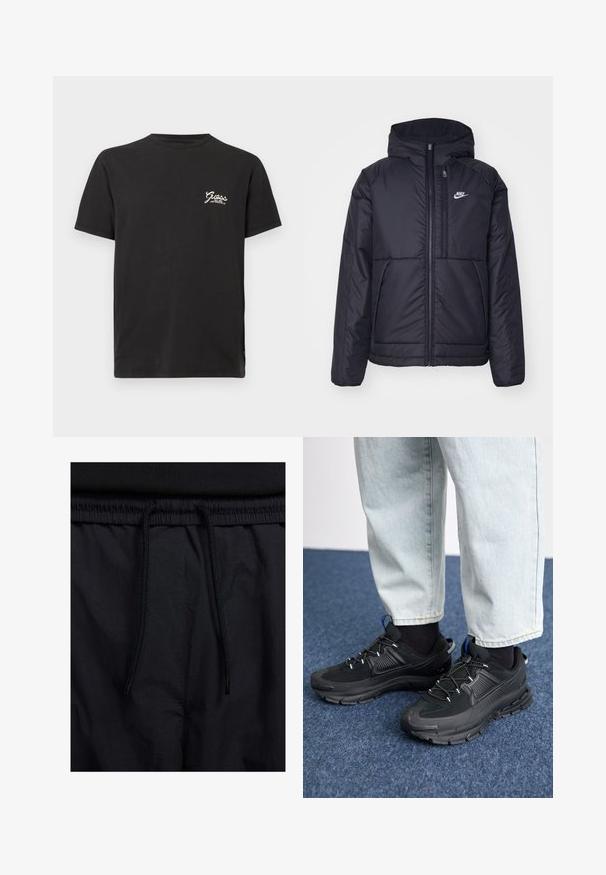 Giacca Nike nera, imbottita, con zip frontale e cappuccio. Presenta un logo bianco sul lato sinistro del petto e doppie tasche frontali. Texture esterna liscia.; T-shirt in cotone nero con scollo rotondo e maniche corte. Presenta il logo bianco "Guess" sulla parte sinistra del petto. Taglio dritto classico.; Shorts neri con vita regolabile tramite coulisse, tessuto leggero con una texture liscia e un design semplice senza loghi o motivi visibili.; Scarpe sportive nere con tessuto testurizzato e suole in gomma, dotate di lacci elastici e un accento blu sul tallone. Indossate con pantaloni in denim chiaro.
