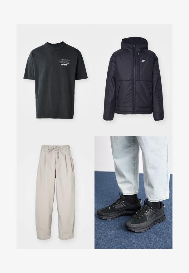 Svart, polstret Nike-jakke med frontglidelås og hette. Har en hvit logo på venstre bryst og doble frontlommer. Glatt ytterside.; Svart bomull t-skjorte med korte ermer, rund hals og hvit grafisk tekst som leser "OBEY" og "movement" på brystet.; Beige, lette bukser med elastisk midje og snor. Har folder og løs passform, laget av myk og glatt stoff.; Svarte sportssko med teksturert stoff og gummisåler, med elastiske lisser og en blå detalj på hælen. Brukt med lyse denimbukser.