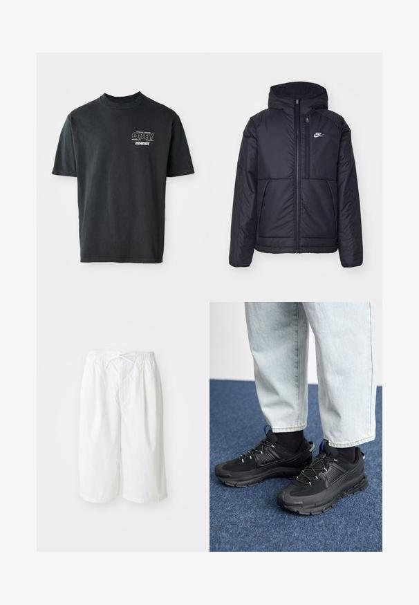 Melna, pufota Nike jaka ar priekšējo rāvējslēdzēju un kapuci. Iezīmēta ar baltu logotipu uz kreisās krūtis un divām priekšējām kabatām. Gluda ārējā tekstūra.; Melnas kokvilnas T-krekls ar īsām piedurknēm, apaļu kakla izgriezumu un baltu grafisko tekstu, kas uzdrukāts uz krūtīm ar vārdiem "OBEY" un "movement".; Bianchi šorti ar elastīgu jostu un auklu, izlikti uz vienkārša, gaiša fona. Piemēroti ikdienai vai siltam laikam.; Melni sporta apavi ar strukturētu audumu un gumijas zoli, ar elastīgām auklām un zilu akcentu uz papēža. Nēsāti ar gaišām džinsu biksēm.