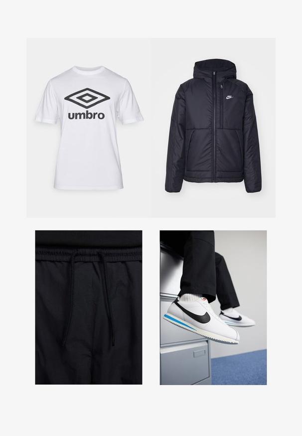 Sort, polstret Nike-jakke med frontlynlås og hætte. Har et hvidt logo på venstre bryst og to frontlommer. Glat ydre tekstur.; Hvid bomulds t-shirt med et stort sort "Umbro" logo og et diamant grafik på forsiden. Korte ærmer, rund hals, klassisk pasform.; Sorte shorts med snoretræk i taljen, letvægtsstof med en glat tekstur og et simpelt design uden synlige logoer eller mønstre.; Hvide lædersneakers med et sort Nike-swoosh, lys blå og grå gummisål samt klassisk snørebånd-design. Fødderne hviler på et arkivskab.
