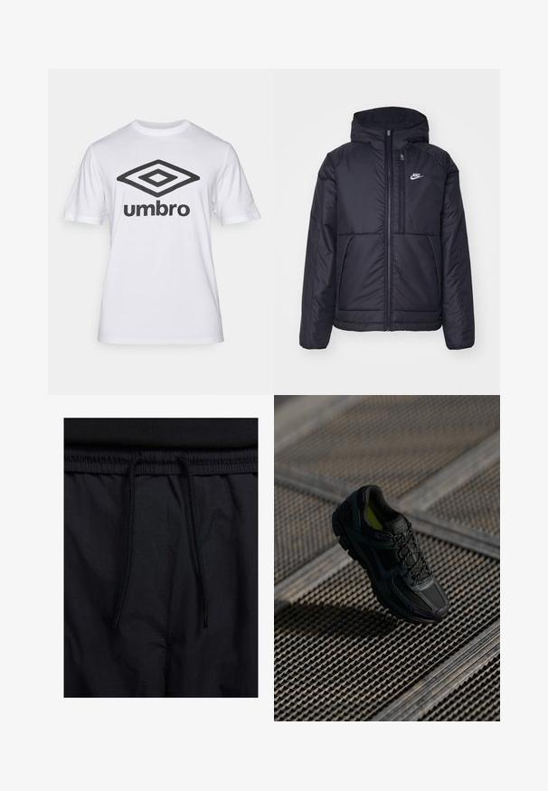 Melna, pufota Nike jaka ar priekšējo rāvējslēdzēju un kapuci. Iezīmēta ar baltu logotipu uz kreisās krūtis un divām priekšējām kabatām. Gluda ārējā tekstūra.; Balts kokvilnas T-krekls ar lielu melnu "Umbro" logo un dimanta grafiku uz priekšpuses. Īsās piedurknes, apaļa kakla izgriezuma forma, klasiskā piegriezne.; Melni šorti ar sašūtu jostu, viegls audums ar gludu tekstūru un vienkāršs dizains bez redzamiem logotipiem vai paraugiem.; Melna sporta apava ar acu sietu un sintētisku augšu, teksturētu virsmu, mīkstu zoli un auklām. Vivid dzelteni interjera akcenti.