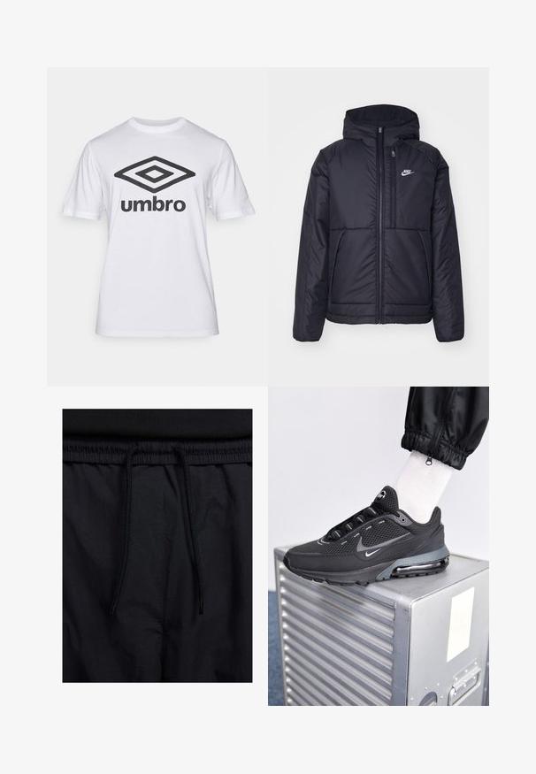 Black, padded Nike jacket with a front zipper and hood. Features a white logo on the left chest and dual front pockets. Smooth exterior texture.; White cotton t-shirt featuring a large black "Umbro" logo and a diamond graphic on the front. Short sleeves, crew neckline, classic fit.; Black shorts featuring a drawstring waistband, lightweight fabric with a smooth texture, and a simple design without visible logos or patterns.; Nike Sportswear PULSE - Trainers - black/anthracite