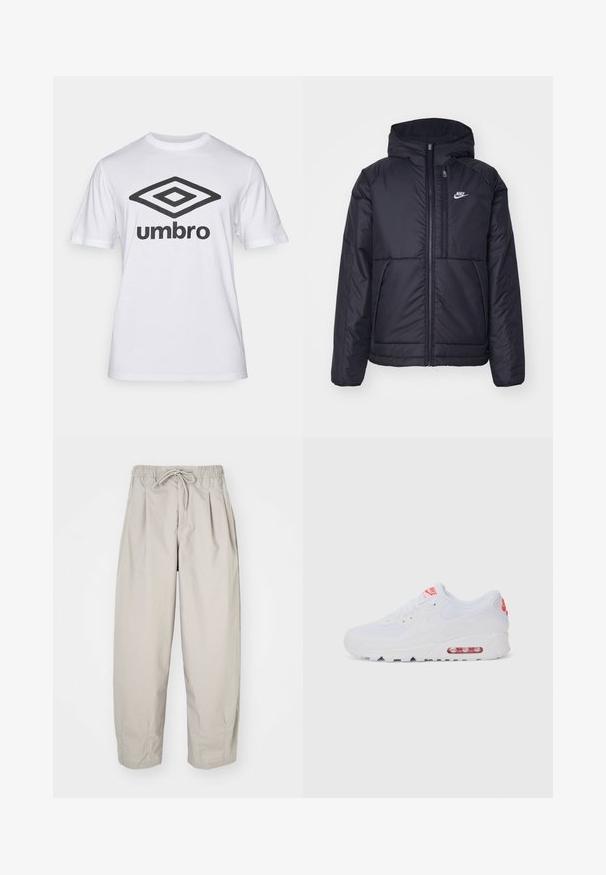Fekete, párnázott Nike dzseki elülső cipzárral és kapucnival. A bal mellen fehér logó található, valamint két elülső zseb. Simának tűnő külső felület.; Fehér pamut póló, elöl egy nagy fekete "Umbro" logóval és gyémánt grafikával. Rövid ujjak, kerek nyakkivágás, klasszikus fazon.; Beige, könnyű nadrág, rugalmas derékkal és zsinórral. Ráncokkal és laza szabással rendelkezik, puha, sima anyagból készült.; Fehér sportcipő, sima felsőrésszel, fűzős zárással, párnázott talppal és látható légpárnával, piros részletekkel a logón.