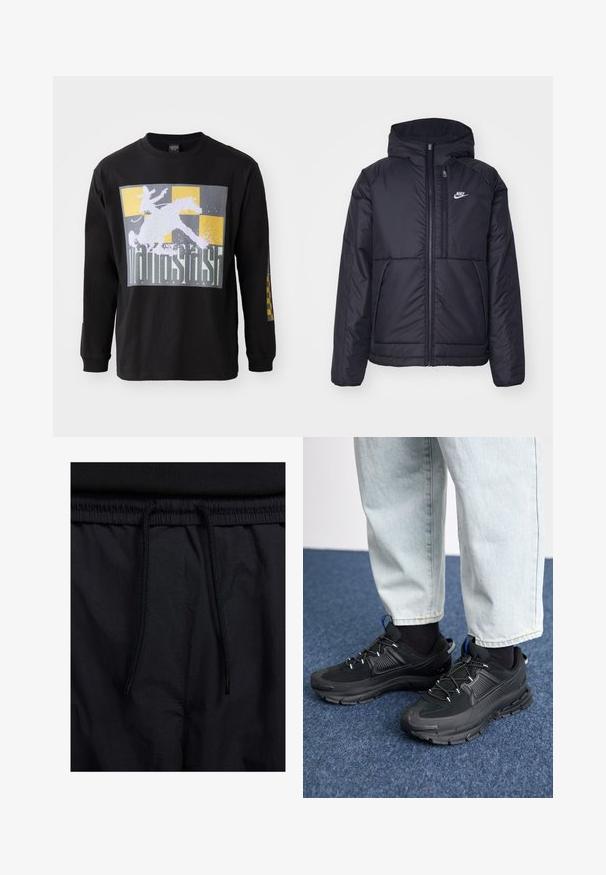 Schwarze, gepolsterte Nike-Jacke mit Frontreißverschluss und Kapuze. Hat ein weißes Logo auf der linken Brust und zwei Fronttaschen. Glattes äußeres Material.; Schwarzes Langarm-T-Shirt mit einem großen Grafikdruck eines Reiters auf einem Pferd vor einem grau-goldenen karierten Hintergrund. Aus Baumwolle, reguläre Passform.; Schwarze Shorts mit einem Kordelzugbund, leichtem Stoff mit glatter Textur und einem schlichten Design ohne sichtbare Logos oder Muster.; Schwarze Sportschuhe aus strukturiertem Stoff mit Gummisohlen, ausgestattet mit elastischen Schnürsenkeln und einem blauen Akzent an der Ferse. Getragen mit hellen Jeans.