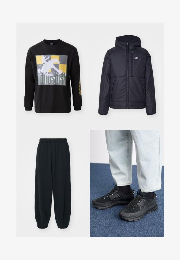Černá zateplená bunda Nike s předním zipem a kapucí. Na levé straně hrudi má bílé logo a dvojité přední kapsy. Hladký povrch.; Černé tričko s dlouhým rukávem s velkým grafickým motivem jezdce na koni na šedém a zlatém kostkovaném pozadí. Bavlněný materiál, standardní střih.; Černé teplákové kalhoty s elastickým pasem, volným střihem, manžetami na kotnících, hladkým povrchem a bez viditelných vzorů či kovových detailů.; Černé sportovní boty s texturovanou tkaninou a gumovou podrážkou, s elastickými tkaničkami a modrým akcentem na patě. Nosí se s světlými džíny.