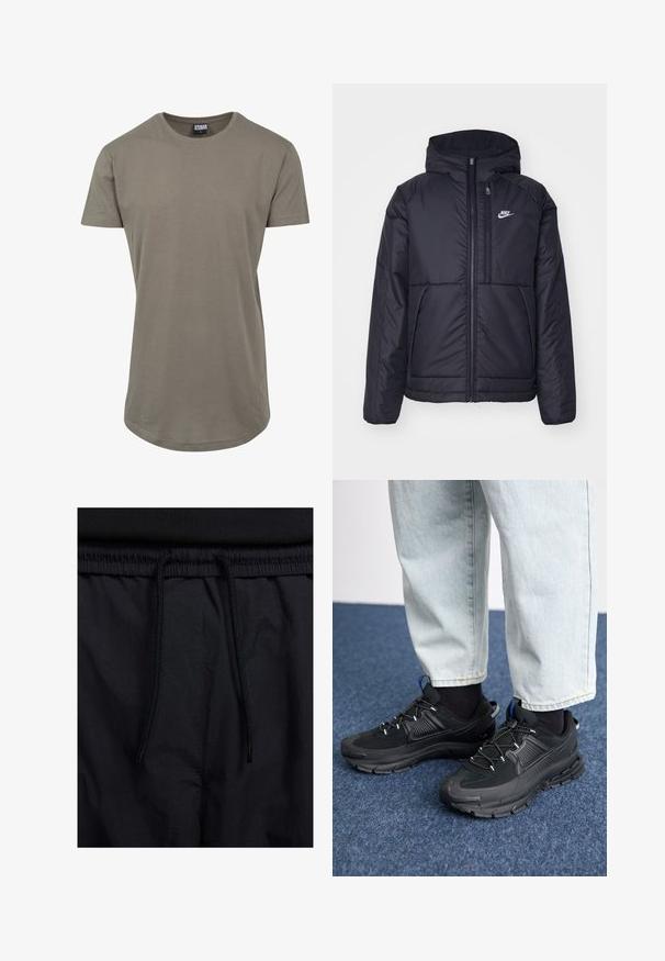 Sort, polstret Nike-jakke med frontlynlås og hætte. Har et hvidt logo på venstre bryst og to frontlommer. Glat ydre tekstur.; Olivengrøn t-shirt lavet af blød bomuld, med rund halsudskæring og korte ærmer, samt en længere buet kant for en afslappet pasform.; Sorte shorts med snoretræk i taljen, letvægtsstof med en glat tekstur og et simpelt design uden synlige logoer eller mønstre.; Sorte træningssko med tekstureret stof og gummisåler, udstyret med elastiske snørebånd og en blå detalje på hælen. Bæres med lyse denimbukser.