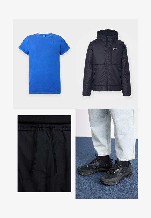 Casaco Nike preto, acolchoado, com fecho à frente e capuz. Apresenta um logo branco no lado esquerdo do peito e dois bolsos frontais. Textura exterior lisa.; T-shirt azul de manga curta feita de algodão com decote redondo. Apresenta punhos dobrados e um pequeno logotipo em azul escuro no peito.; Calções pretos com um cós elástico ajustável, fabricados em tecido leve com uma textura suave e um design simples, sem logótipos ou padrões visíveis.; Sapatilhas desportivas pretas com tecido texturizado e solas em borracha, apresentando atacadores elásticos e um detalhe azul no calcanhar. Usadas com calças de ganga claras.