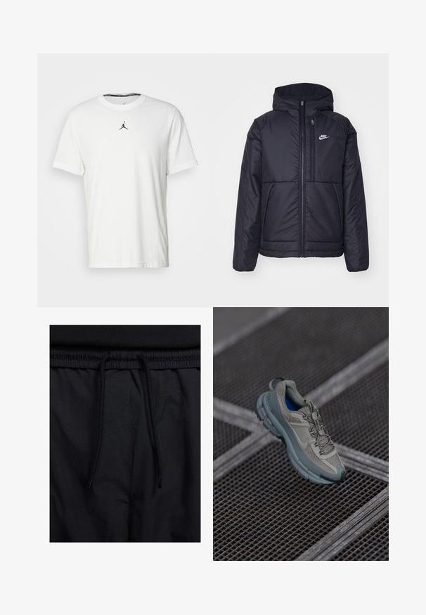 Černá zateplená bunda Nike s předním zipem a kapucí. Na levé straně hrudi má bílé logo a dvojité přední kapsy. Hladký povrch.; Bílý krátký rukáv triko z bavlny, s černým logem Jumpman na hrudi a kulatým výstřihem s černou vnitřní štítkem.; Černé šortky s páskem na šňůrku, lehký materiál s hladkou texturou a jednoduchý design bez viditelných log nebo vzorů.; Béžová a šedá sportovní bota s texturovaným síťovinovým svrškem, zaoblenou špičkou a gumovou podrážkou, vybavená tkaničkami a polstrovaným límcem.