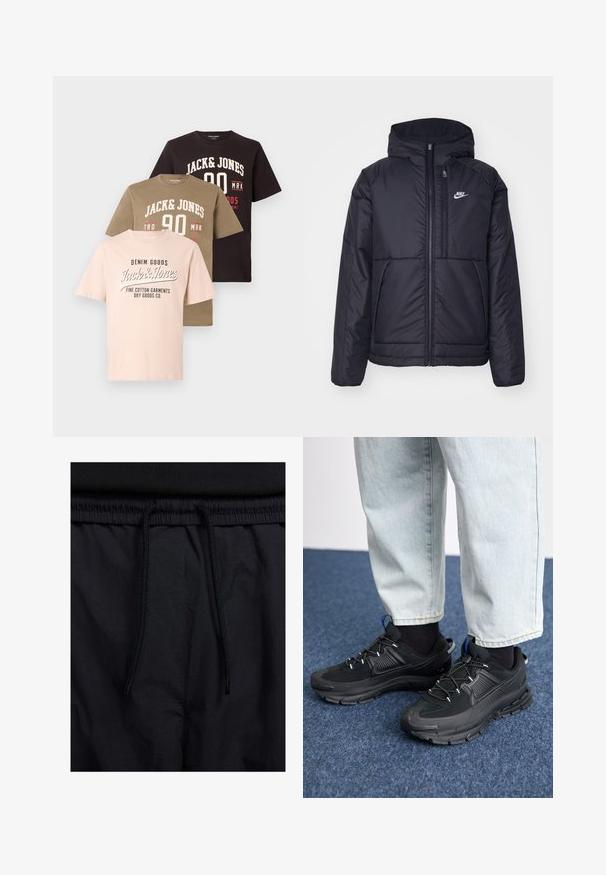 Casaco Nike preto, acolchoado, com fecho à frente e capuz. Apresenta um logo branco no lado esquerdo do peito e dois bolsos frontais. Textura exterior lisa.; Três t-shirts empilhadas: rosa claro com texto preto, verde oliva com gráficos brancos e vermelhos, castanho escuro com texto branco. Material em cotton.; Calções pretos com um cós elástico ajustável, fabricados em tecido leve com uma textura suave e um design simples, sem logótipos ou padrões visíveis.; Sapatilhas desportivas pretas com tecido texturizado e solas em borracha, apresentando atacadores elásticos e um detalhe azul no calcanhar. Usadas com calças de ganga claras.