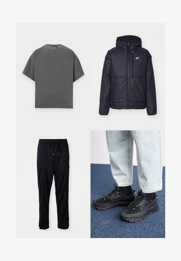 Juodas, paminkštintas Nike džemperis su priekyje užtrauktuku ir gobtuvu. Pasižymi balta logo kairėje krūtinės pusėje ir dviem priekinėmis kišenėmis. Su lygiu išoriniu paviršiumi.; Pilkas per didelis trumpų rankovių marškinėliai, pagaminti iš minkštos medvilnės mišinio, su apvaliu iškirpimu ir subtiliu logotipo akcentu ant krūtinės. Lygi audinio tekstūra.; Juodos laisvos kelnės su raišteliu liemens, šoninėmis kišenėmis ir tiesiu kirpimu ant vienodos fono.; Juodi sportiniai bateliai su tekstūruota medžiaga ir guminiais padais, su elastingomis raišteliais ir mėlynu akcentu ant kulno. Dėvimi su šviesiai mėlynomis džinsinėmis kelnėmis.