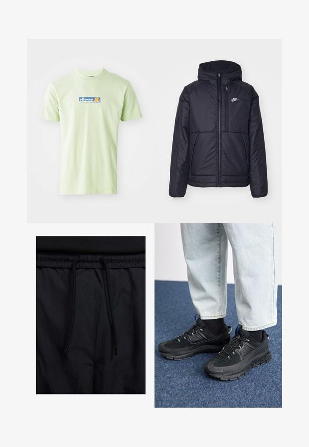 Casaco Nike preto, acolchoado, com fecho à frente e capuz. Apresenta um logo branco no lado esquerdo do peito e dois bolsos frontais. Textura exterior lisa.; T-shirt de algodão verde claro com um logótipo "ellesse" azul e laranja na frente. Design clássico de gola redonda com mangas curtas.; Calções pretos com um cós elástico ajustável, fabricados em tecido leve com uma textura suave e um design simples, sem logótipos ou padrões visíveis.; Sapatilhas desportivas pretas com tecido texturizado e solas em borracha, apresentando atacadores elásticos e um detalhe azul no calcanhar. Usadas com calças de ganga claras.
