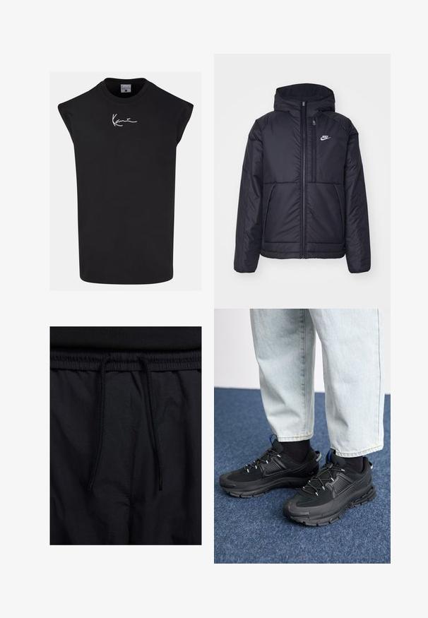 Melna, pufota Nike jaka ar priekšējo rāvējslēdzēju un kapuci. Iezīmēta ar baltu logotipu uz kreisās krūtis un divām priekšējām kabatām. Gluda ārējā tekstūra.; Melna bezpiedurkņu T-krekls, kas izgatavots no kokvilnas, ar apaļu kakla izgriezumu un baltu paraksta logotipu uz priekšpuses. Gluda tekstūra, brīva piegriezuma.; Melni šorti ar sašūtu jostu, viegls audums ar gludu tekstūru un vienkāršs dizains bez redzamiem logotipiem vai paraugiem.; Melni sporta apavi ar strukturētu audumu un gumijas zoli, ar elastīgām auklām un zilu akcentu uz papēža. Nēsāti ar gaišām džinsu biksēm.