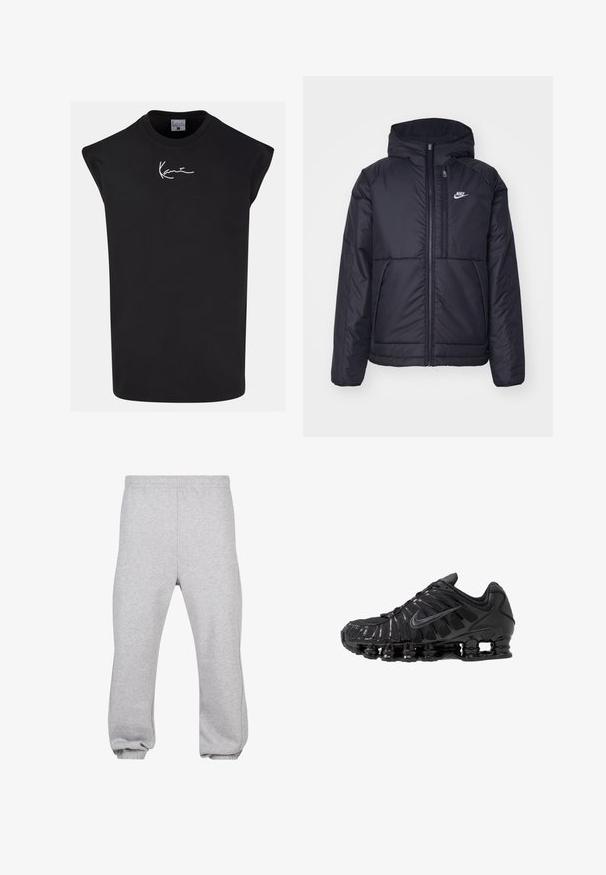Čierna, polstrovaná bunda Nike so zipsom vpredu a kapucňou. Na ľavej strane hrude sa nachádza biele logo a sú tu dva predné vrecká. Hladký vonkajší povrch.; Čierne tielko bez rukávov vyrobené z bavlny, s okrúhlym výstrihom a bielym podpisovým logom na prednej strane. Hladká textúra, voľný strih.; Sivé tepláky vyrobené z bavlnenej zmesi, s elastickým pásom, zúženými nohavicami a manžetami. Jednoduchý dizajn bez vzorov.; Čierne športové topánky vyrobené zo sieťoviny a syntetických materiálov, s výrazným vlnitým dizajnom, čiernou gumovou podrážkou a reflexnými prvkami.