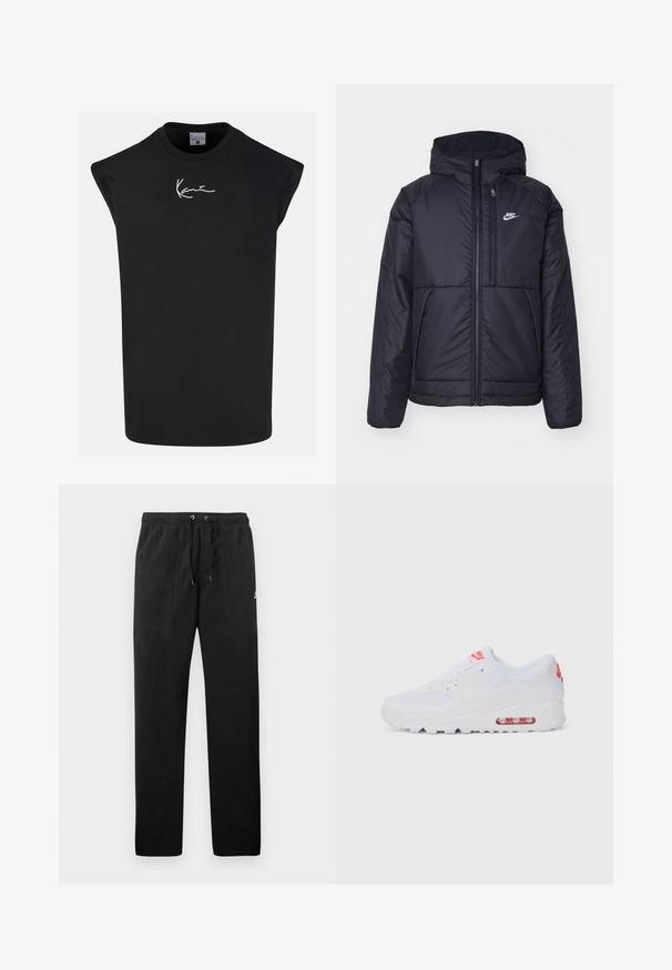 Svart, vadderad Nike-jacka med dragkedja framtill och huva. Har en vit logotyp på vänster bröst och dubbla framfickor. Slät yttextur.; Svart ärmlös t-shirt i bomull med rund halsringning och en vit signaturlogo på framsidan. Slät textur, avslappnad passform.; Svarta sweatpants i fleece, med resårmidja och dragsko, två framfickor och en liten logotyp på låret.; Vit atletisk sneaker med en slät överdel, snörning, vadderad sula och en synlig luftenhet med röda detaljer på varumärket.