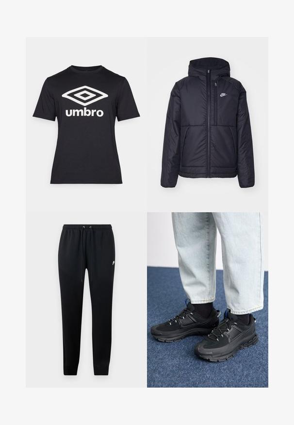 Casaco Nike preto, acolchoado, com fecho à frente e capuz. Apresenta um logo branco no lado esquerdo do peito e dois bolsos frontais. Textura exterior lisa.; T-shirt preta de manga curta feita de algodão, com um grande logótipo branco de diamante e o texto "umbro" na parte da frente. Design de corte clássico.; Calças de moletom pretas feitas de um tecido macio, com uma cintura elástica e cordões, punhos nas pernas e um pequeno detalhe do logo de lado.; Sapatilhas desportivas pretas com tecido texturizado e solas em borracha, apresentando atacadores elásticos e um detalhe azul no calcanhar. Usadas com calças de ganga claras.