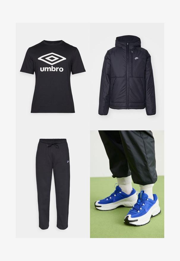 Juodas, paminkštintas Nike džemperis su priekyje užtrauktuku ir gobtuvu. Pasižymi balta logo kairėje krūtinės pusėje ir dviem priekinėmis kišenėmis. Su lygiu išoriniu paviršiumi.; Juodas trumpomis rankovėmis medvilnės marškinėliai, su dideliu baltu deimanto logotipu ir tekstu "umbro" ant priekio. Klasikinis siluetas.; Juodos sportinės kelnės, pagamintos iš minkštos medžiagos, su elastinga juostele, raišteliu ir mažuoju Nike logotipu kairiajame šlaunyje.; Mėlyni ir balti sportiniai bateliai su tekstūruota medžiaga, išsiskiriančia guma padais ir juodais akcentais. Savybėmis yra raišteliai ir paminkštinta konstrukcija.