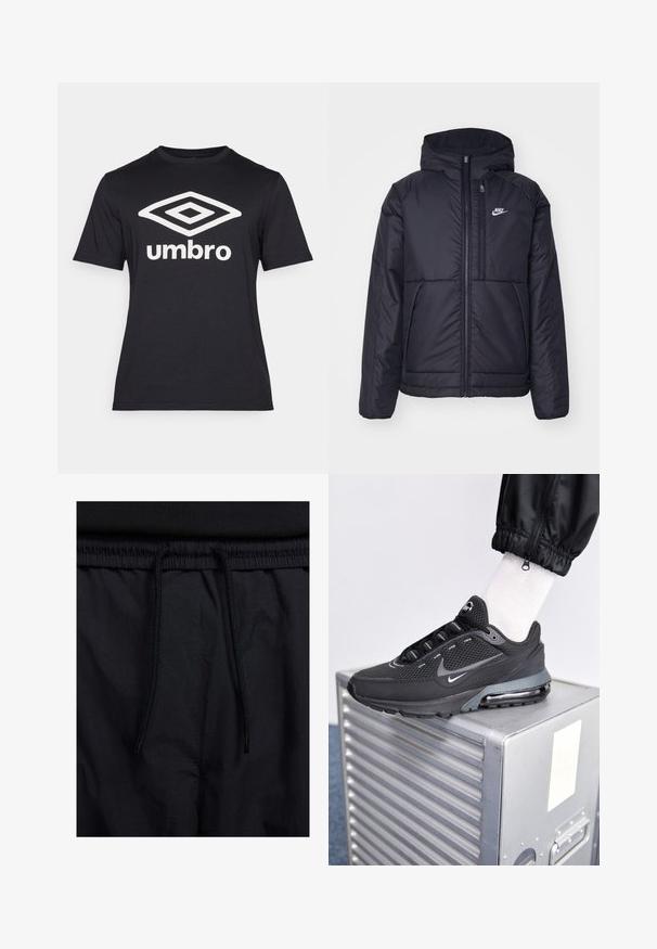 Černá zateplená bunda Nike s předním zipem a kapucí. Na levé straně hrudi má bílé logo a dvojité přední kapsy. Hladký povrch.; Černé tričko s krátkým rukávem vyrobené z bavlny, na přední straně má velké bílé logo diamant a nápis "umbro". Klasický střih.; Černé šortky s páskem na šňůrku, lehký materiál s hladkou texturou a jednoduchý design bez viditelných log nebo vzorů.; Nike Sportswear PULSE - Tenisky - black/anthracite