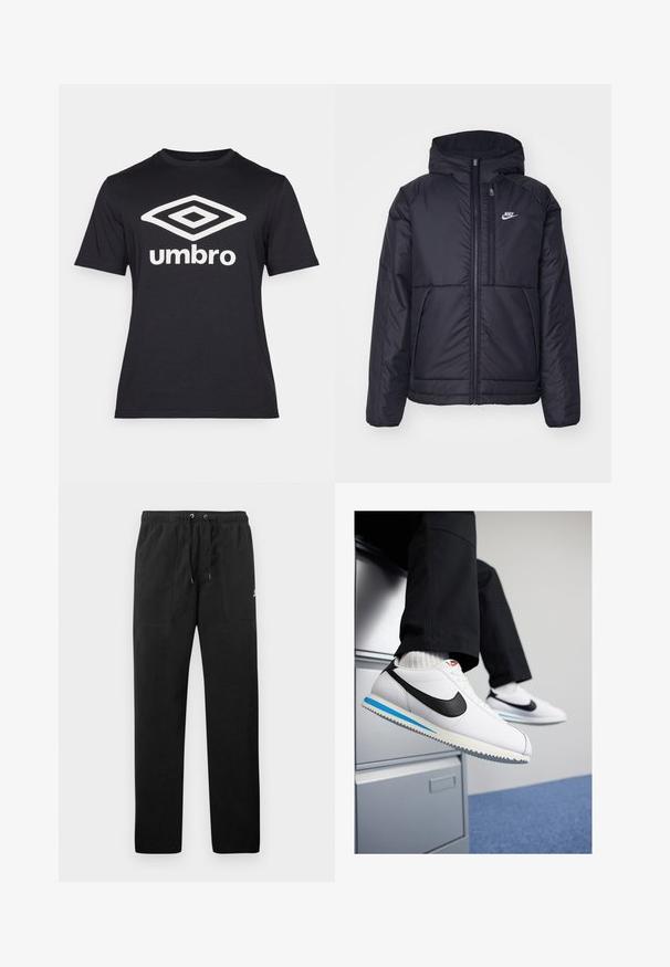 Čierna, polstrovaná bunda Nike so zipsom vpredu a kapucňou. Na ľavej strane hrude sa nachádza biele logo a sú tu dva predné vrecká. Hladký vonkajší povrch.; Čierne tričko s krátkym rukávom vyrobené z bavlny, s veľkým bielym diamantom a textom "umbro" na prednej strane. Klasický strih.; Čierne teplákové nohavice vyrobené z flísu, s elastickým pásom a šnúrkami na zaväzovanie, dvoma prednými vreckami a malým logom na stehne.; Biele kožené tenisky s čiernym logom Nike, svetlomodrou a šedou gumovou podrážkou a klasickým šnurovacím dizajnom. Nohy položené na fileciante.