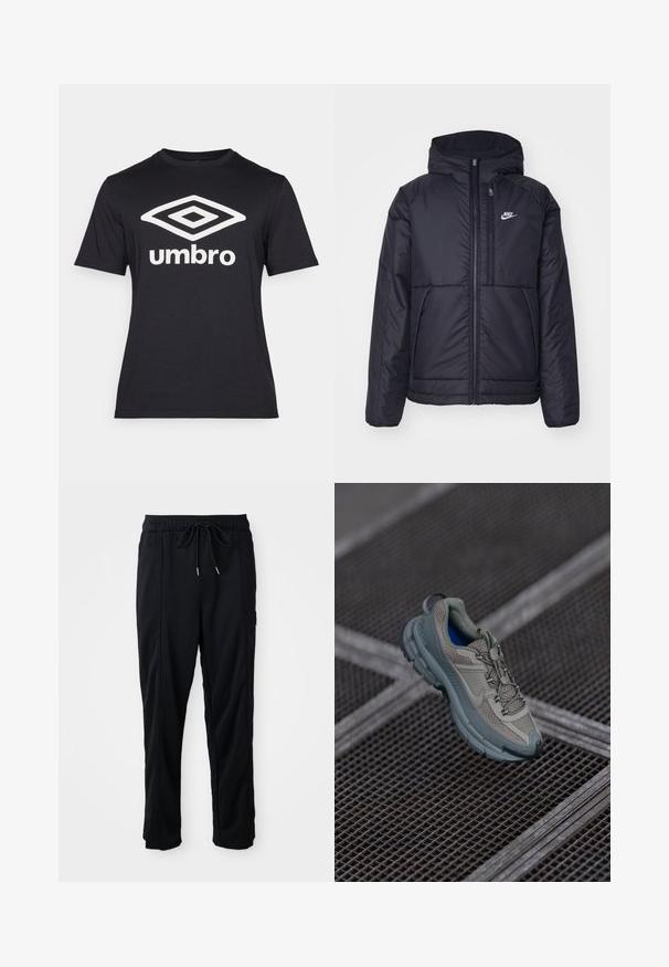 Black, padded Nike jacket with a front zipper and hood. Features a white logo on the left chest and dual front pockets. Smooth exterior texture.; Black short-sleeve t-shirt made of cotton, featuring a large white diamond logo and text "umbro" across the front. Classic fit design.; Black drawstring waist casual pants with side seam pockets and straight leg cut on a plain background.; Beige and gray athletic shoe with textured mesh upper, rounded toe, and rubber sole, featuring laces and a padded collar.