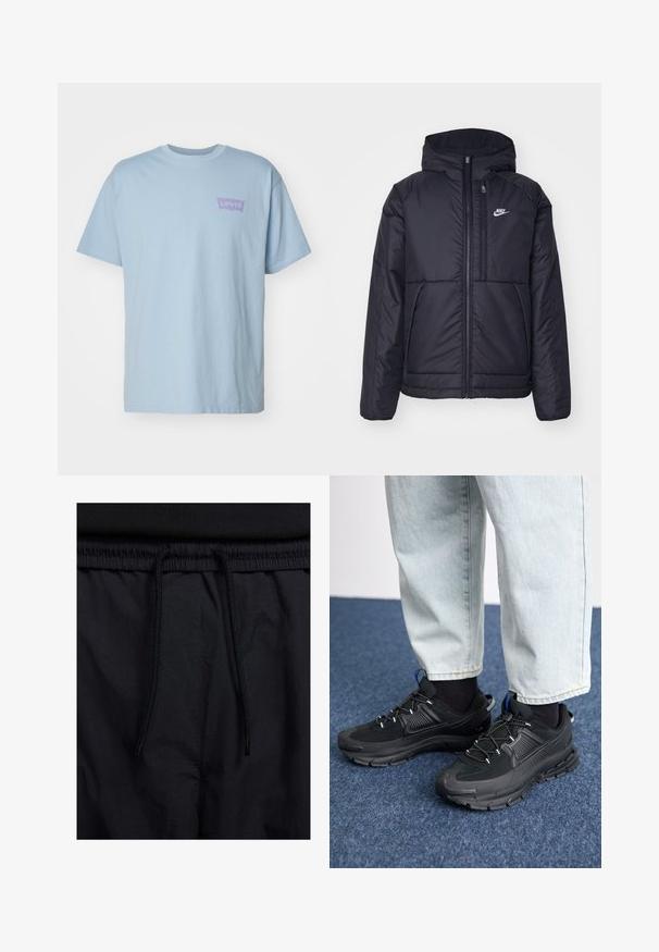 Juodas, paminkštintas Nike džemperis su priekyje užtrauktuku ir gobtuvu. Pasižymi balta logo kairėje krūtinės pusėje ir dviem priekinėmis kišenėmis. Su lygiu išoriniu paviršiumi.; Levi's® VINTAGE FIT GRAPHIC - Marškinėliai su spaudiniu - blue; Juodos šortai su raišteliu juosmens srityje, lengva medžiaga su lygiu paviršiumi ir paprastas dizainas be matomų logotipų ar raštų.; Juodi sportiniai bateliai su tekstūruota medžiaga ir guminiais padais, su elastingomis raišteliais ir mėlynu akcentu ant kulno. Dėvimi su šviesiai mėlynomis džinsinėmis kelnėmis.