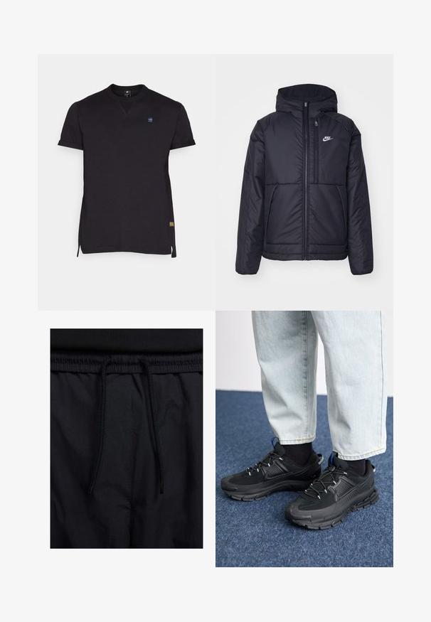 Casaco Nike preto, acolchoado, com fecho à frente e capuz. Apresenta um logo branco no lado esquerdo do peito e dois bolsos frontais. Textura exterior lisa.; Camiseta preta de manga curta, com decote redondo, fendas laterais e pequeno logótipo no peito. Feita de um tecido suave com um design simples.; Calções pretos com um cós elástico ajustável, fabricados em tecido leve com uma textura suave e um design simples, sem logótipos ou padrões visíveis.; Sapatilhas desportivas pretas com tecido texturizado e solas em borracha, apresentando atacadores elásticos e um detalhe azul no calcanhar. Usadas com calças de ganga claras.