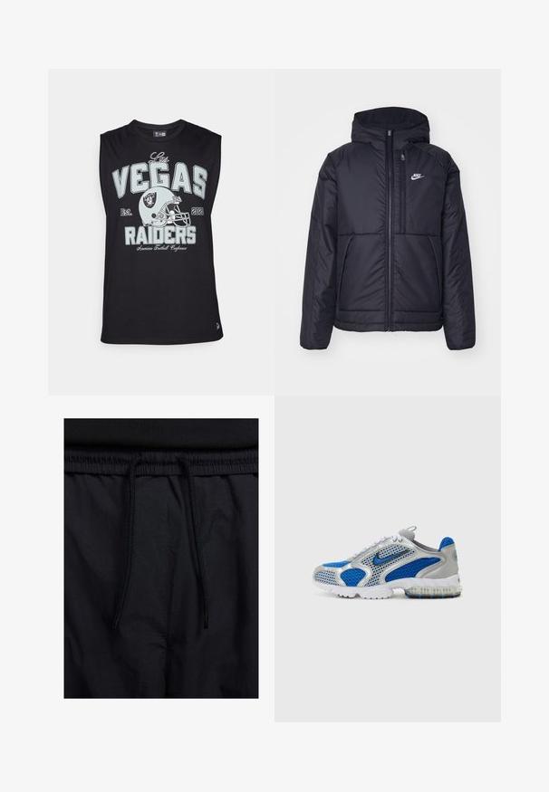 Črna, podložena Nike jakna z sprednjim zadrgo in kapuco. Ima bel logo na levem prsnem delu in dvojna sprednja žepa. Gladka zunanja tekstura.; Črna brezrokavna majica iz bombaža z grafiko "Las Vegas Raiders", obliko nogometne čelade in letnico ustanovitve: 2021.; Črne kratke hlače z vrvico v pasu, lahkotna tkanina z gladko teksturo in preprosto zasnovo brez vidnih logotipov ali vzorcev.; Modri in srebrni športni čevlji z mrežastimi paneli, podloženim ovratnikom in prozornim podplatom z modrimi detajli. Kontrastne vezalke dopolnjujejo obliko.