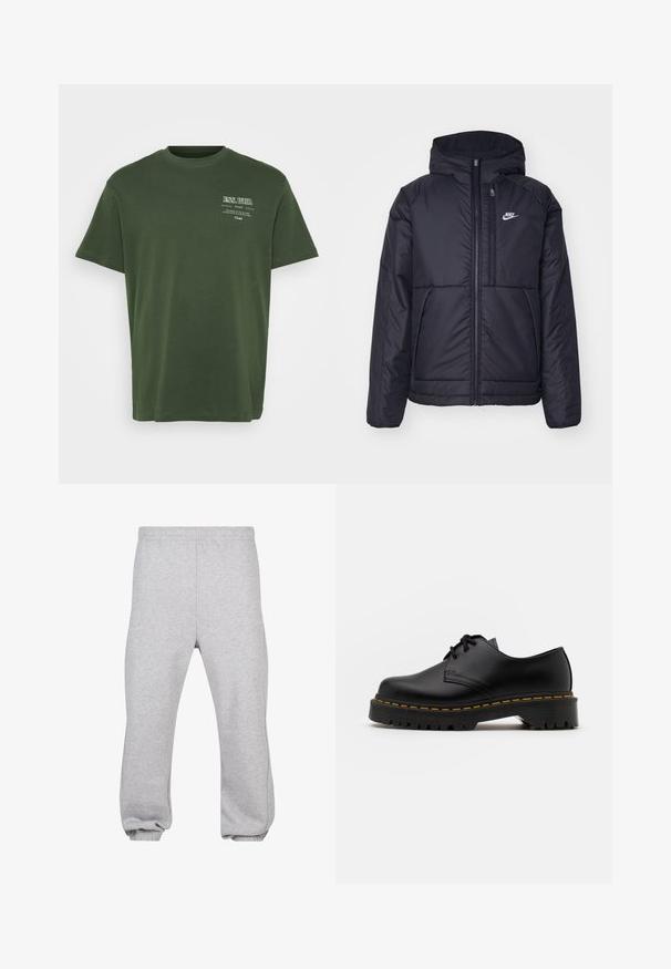 Jachetă Nike neagră, căptușită, cu fermoar pe față și glugă. Prezintă un logo alb pe pieptul stâng și două buzunare frontale. Textură exterioară netedă.; Tricou din bumbac verde, cu guler rotund, mâneci scurte și text imprimat în alb în partea stângă sus. Textură netedă, croi lejer.; Pantaloni de trening gri din material din amestec de bumbac, cu talie elastică, picioare îngustate și margini manșonate. Design simplu, fără modele.; Pantof black din piele, cu sireturi, cu vârf rotund, talpă din cauciuc texturat și cusături galbene în jurul bazei. Design plat și finisaj neted.