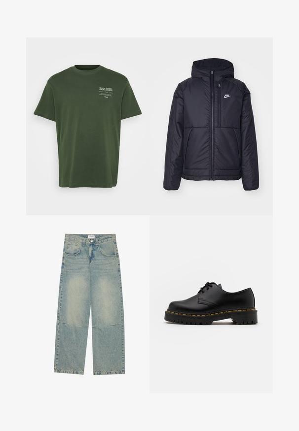 Jachetă Nike neagră, căptușită, cu fermoar pe față și glugă. Prezintă un logo alb pe pieptul stâng și două buzunare frontale. Textură exterioară netedă.; Tricou din bumbac verde, cu guler rotund, mâneci scurte și text imprimat în alb în partea stângă sus. Textură netedă, croi lejer.; Blugi largi de culoare albastru deschis, fabricați din denim, având două buzunare frontale, sistem de închidere cu nasture și un aspect decolorat cu cusături vizibile.; Pantof black din piele, cu sireturi, cu vârf rotund, talpă din cauciuc texturat și cusături galbene în jurul bazei. Design plat și finisaj neted.