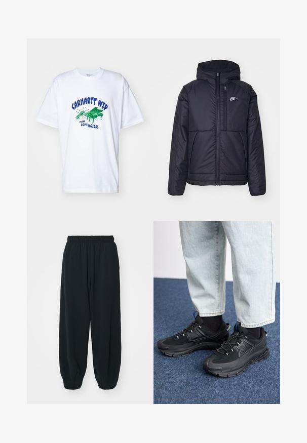 Black, padded Nike jacket with a front zipper and hood. Features a white logo on the left chest and dual front pockets. Smooth exterior texture.; Carhartt WIP NOISE - Print T-shirt - white; Black, elasticated-waist sweatpants with a loose fit, cuffed ankles, smooth texture, and no visible patterns or hardware accents.; Black athletic shoes with textured fabric and rubber soles, featuring elastic laces and a blue accent on the heel. Worn with light denim pants.