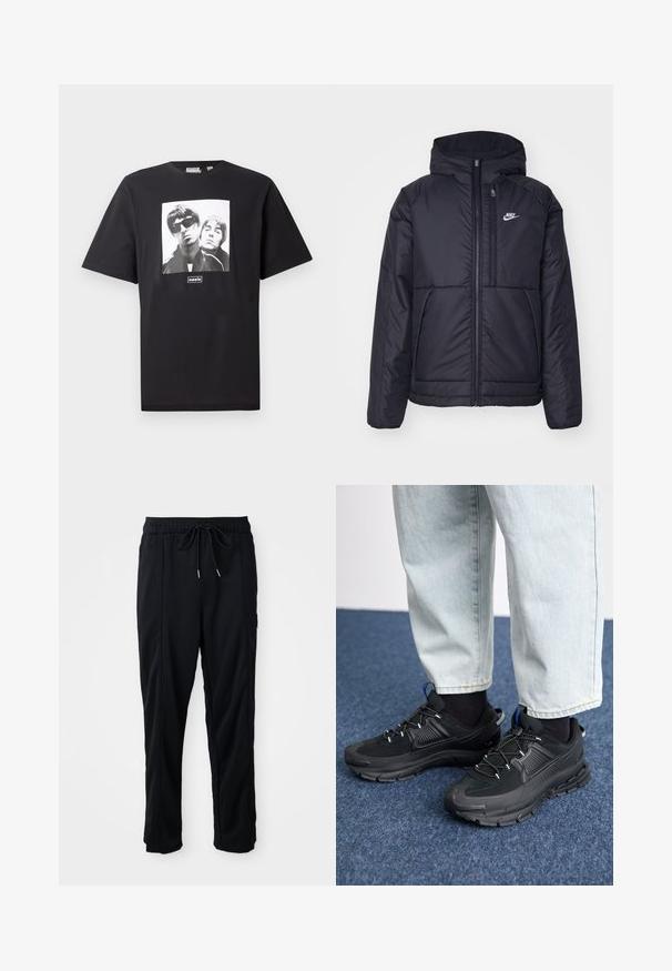 Melna, pufota Nike jaka ar priekšējo rāvējslēdzēju un kapuci. Iezīmēta ar baltu logotipu uz kreisās krūtis un divām priekšējām kabatām. Gluda ārējā tekstūra.; Melnas kokvilnas T-krekls ar kvadrātveida baltu grafiku, kurā attēloti divi figūras, zem attēla atrodas logotips "oasis". Īsas piedurknes, apaļa kakla izgriezums.; Melnas bikses ar aukliņu jostas vietā, ar sānu kabatām un taisnu kāju griezumu uz vienkrāsaina fona.; Melni sporta apavi ar strukturētu audumu un gumijas zoli, ar elastīgām auklām un zilu akcentu uz papēža. Nēsāti ar gaišām džinsu biksēm.