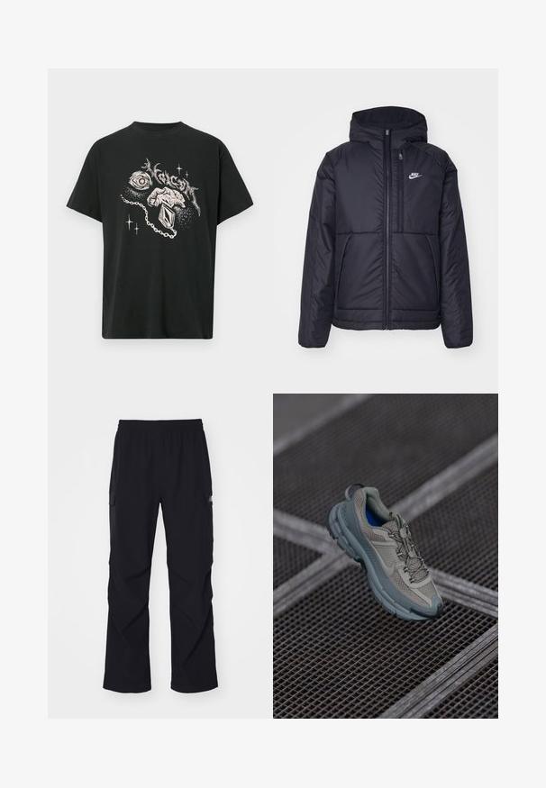 Musta, pehmustettu Nike-takki, jossa on etuvetoketju ja huppu. Vasemmassa rinnassa on valkoinen logo ja takissa on kaksinkertaiset etutaskut. Pintakoe on sileä.; Mustat t-paidat, joissa on valkoinen graafinen silmä, käsi, joka pitää riipusta, abstrakteja muotoja ja tyyliteltyä tekstiä yläpuolella.; Mustat cargo-housut, jotka on valmistettu kevyestä materiaalista. Niissä on joustava vyötärö, sivutaskut ja suorat lahkeet.; Kengät urheilukäyttöön, joissa on beige ja harmaa väri, tekstuurillinen verkkopinta, pyöristetty kärki ja kumipohja. Kengissä on nauhat ja pehmustettu nilkkaosa.
