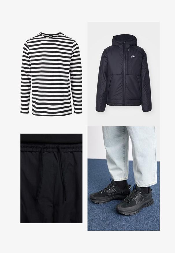 Juodas, paminkštintas Nike džemperis su priekyje užtrauktuku ir gobtuvu. Pasižymi balta logo kairėje krūtinės pusėje ir dviem priekinėmis kišenėmis. Su lygiu išoriniu paviršiumi.; Juoda ir balta ilgomis rankovėmis juostuota marškinėliai su apvalia iškirpte, pagaminti iš minkštos medžiagos, su horizontalios lygių pločių juostelėmis.; Juodos šortai su raišteliu juosmens srityje, lengva medžiaga su lygiu paviršiumi ir paprastas dizainas be matomų logotipų ar raštų.; Juodi sportiniai bateliai su tekstūruota medžiaga ir guminiais padais, su elastingomis raišteliais ir mėlynu akcentu ant kulno. Dėvimi su šviesiai mėlynomis džinsinėmis kelnėmis.