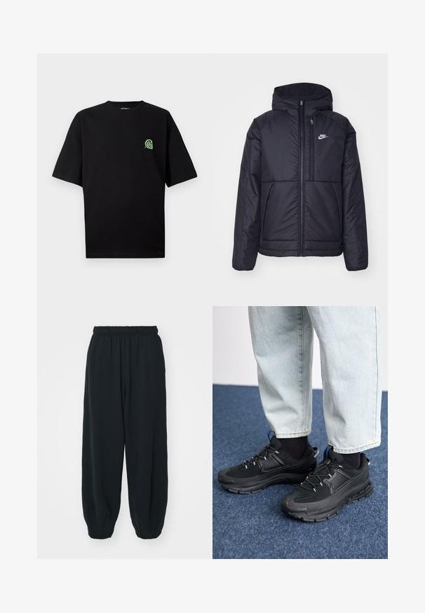 Black, padded Nike jacket with a front zipper and hood. Features a white logo on the left chest and dual front pockets. Smooth exterior texture.; Black short-sleeve t-shirt made of cotton, featuring a green logo on the left chest. Crew neckline, relaxed fit, and smooth texture.; Black, elasticated-waist sweatpants with a loose fit, cuffed ankles, smooth texture, and no visible patterns or hardware accents.; Black athletic shoes with textured fabric and rubber soles, featuring elastic laces and a blue accent on the heel. Worn with light denim pants.